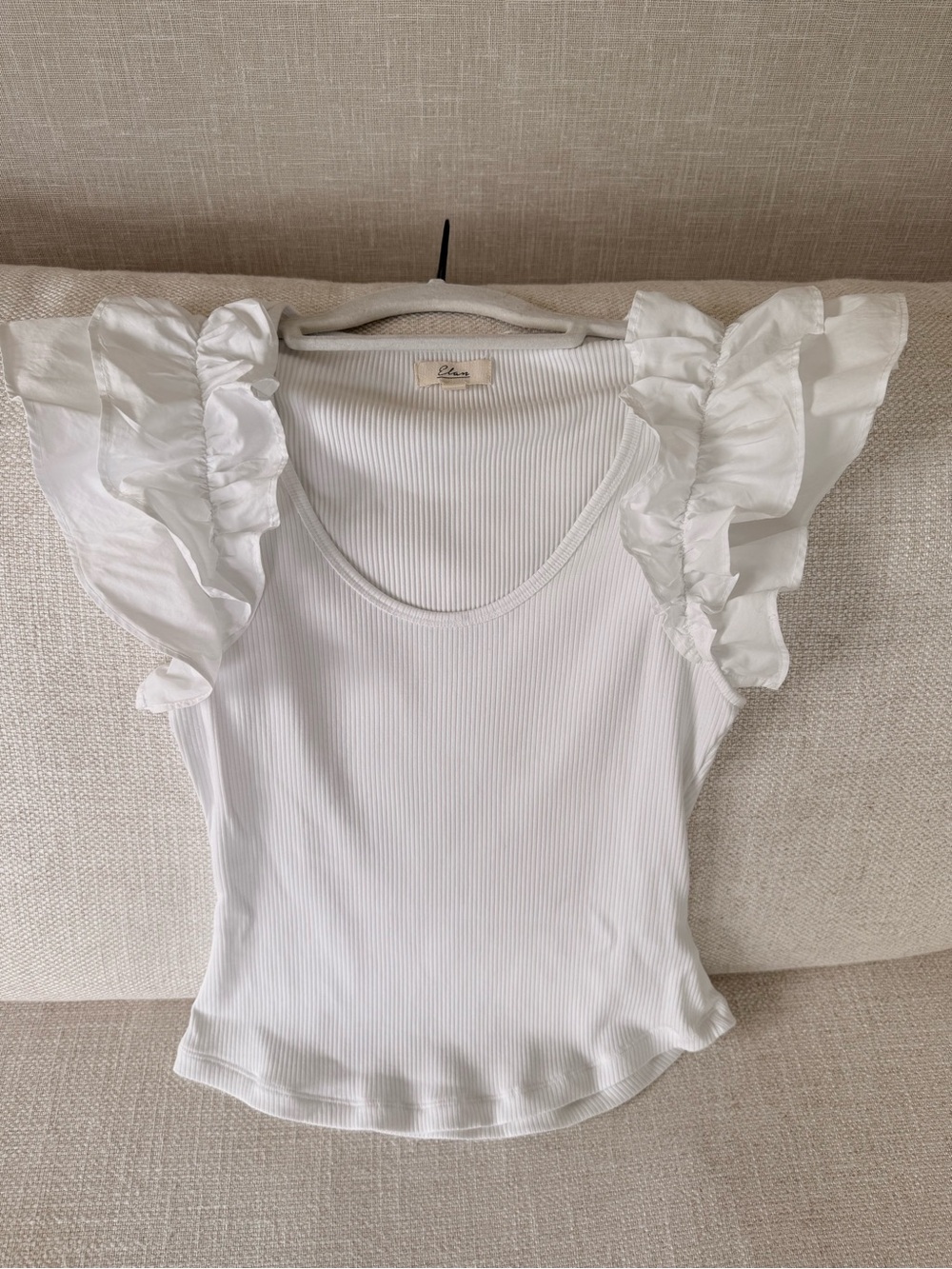 Elan White Ribbed Tank with Ruffle Cap Sleeves - Picture 6 of 6